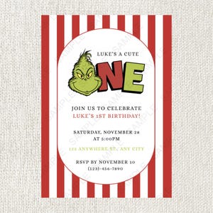 May include: A rectangular birthday invitation card featuring vertical red and white stripes. The center has a white oval with a green cartoon character, the text LUKE'S A CUTE ONE, and event details including date, time, location, and RSVP phone number.