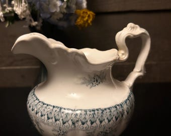 Antieke Hanley Maltese blauwgroene transferware Ironstone porseleinen melkkannetje
