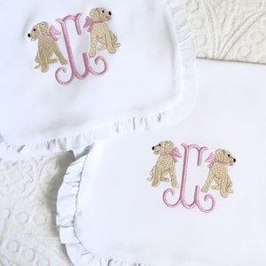 Personalized Embroidered Baby Girl Puppy with Bow Baby Bib, Burp Cloth, Blanket Baby Shower Gift Newborn