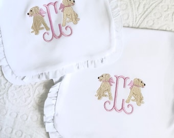 Cucciolo di bambina ricamato personalizzato con bavaglino con fiocco, panno per ruttino, coperta regalo per baby shower neonato