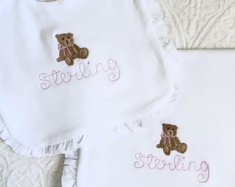 Personalized Embroidered Baby Girl Teddy Bear Baby Bib, Burp Cloth, Blanket Baby Shower Gift Newborn