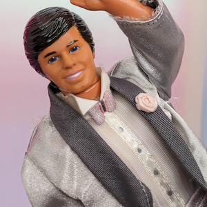 Perfume Giving Ken Doll 1987 Mattel #4554 Silver Tux brown hair Barbie perfume accessory Vintage 80s collectible Barbie Doll toys