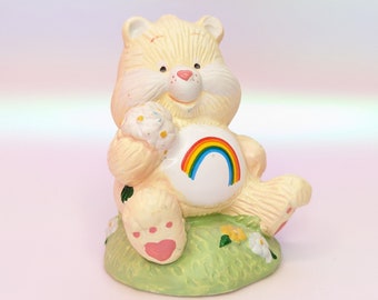 Care Bears Cheer Bear Figurine Ceramic 1980s Rainbow Flowers Designers Collection Vintage 80s collectibles nostalgia figures Knick Knacks