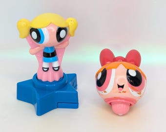 Powerpuff Girls Bubbles Star & Lightning Paper hole Puncher + Blossom Spinner 2000's Kids Meal Toy Vintage Retro Cartoon Network collectible