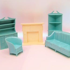 Pyro Miniature Dollhouse Furniture Set Aqua blue Living room Furniture couch chair fireplace Vintage 1950s style 1:24 dollhouse scale