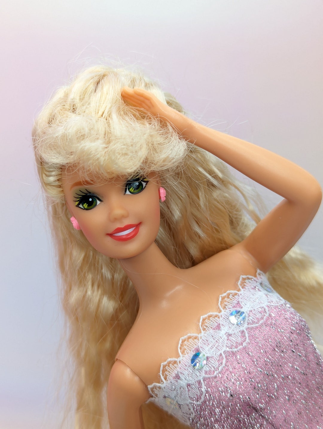 Muñeca Barbie Teen Talk 1991 #5745 Funciona Revestida Ojos verdes Cabello  rubio rizado Pendientes de rosa rosa Juguetes de muñeca Barbie