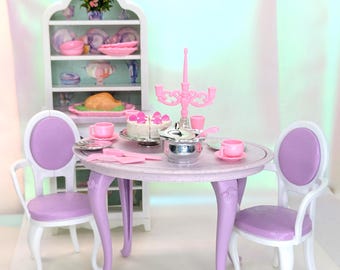 Barbie Folding Pretty Dining Room Playset 1998 Mattel Chairs, table, hutch & accessories Vintage Collectible dollhouse Kitchen furniture