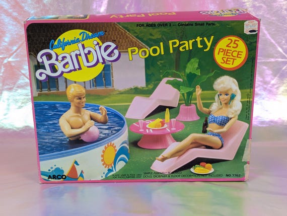 Barbie California Dream Pool Party Playset with box 1987 Arco Mattel - Swimming Pool lounge chairs table & food Summer Beach Vintage toys