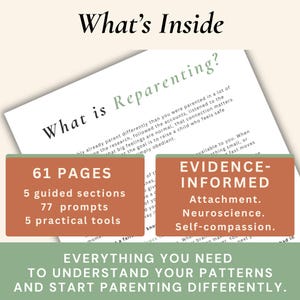 Peut inclure: Un guide intitul&eacute; "What is Reparenting?" avec des informations sur 61 pages, 5 sections guid&eacute;es, 77 invites et 5 outils pratiques. Le guide est bas&eacute; sur des preuves, ax&eacute; sur l'attachement, les neurosciences et l'auto-compassion.