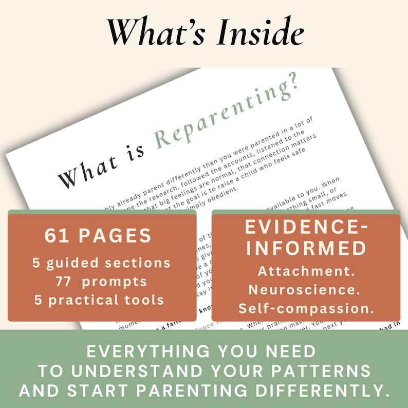 Peut inclure: Un guide intitul&eacute; "What is Reparenting?" avec des informations sur 61 pages, 5 sections guid&eacute;es, 77 invites et 5 outils pratiques. Le guide est bas&eacute; sur des preuves, ax&eacute; sur l'attachement, les neurosciences et l'auto-compassion.