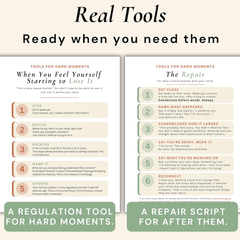 Peut inclure: Document de deux pages avec le texte &laquo;&nbsp;Real Tools&nbsp;&raquo; et &laquo;&nbsp;Ready when you need them&nbsp;&raquo;. La page de gauche est intitul&eacute;e &laquo;&nbsp;When You Feel Yourself Starting to Lose It&nbsp;&raquo; et la page de droite est intitul&eacute;e &laquo;&nbsp;The Repair&nbsp;&raquo;.