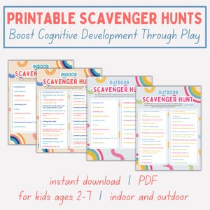 May include: Four printable scavenger hunt lists for kids ages 2-7. The lists are divided into indoor and outdoor activities. The lists are colorful and feature rainbow-colored stripes and circles.