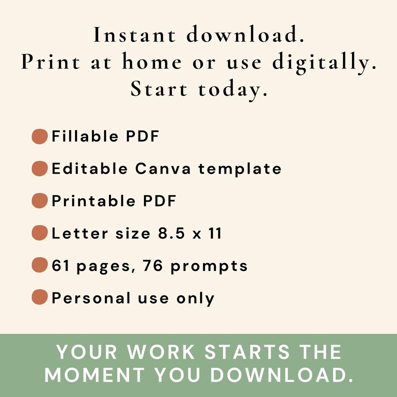 Peut inclure: Graphique de t&eacute;l&eacute;chargement num&eacute;rique cr&egrave;me avec du texte noir. Le texte comprend "T&eacute;l&eacute;chargement instantan&eacute;", "PDF remplissable", "Mod&egrave;le Canva modifiable" et "Format lettre 8,5 x 11". La banni&egrave;re inf&eacute;rieure indique "VOTRE TRAVAIL COMMENCE AU MOMENT O&Ugrave; VOUS T&Eacute;L&Eacute;CHARGEZ."