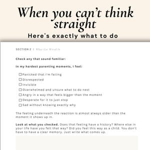 Peut inclure: Une page blanche avec le titre "When you can't think straight" et le sous-titre "Here's exactly what to do." La page comprend une liste de contr&ocirc;le des sentiments et des questions de r&eacute;flexion.
