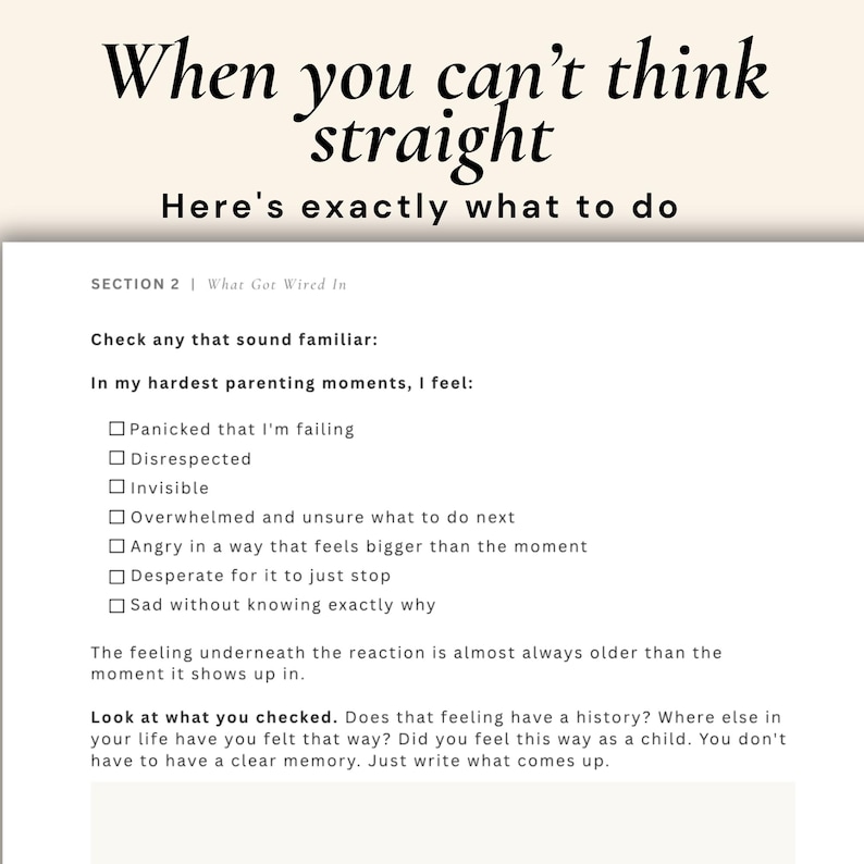 Peut inclure: Une page blanche avec le titre "When you can't think straight" et le sous-titre "Here's exactly what to do." La page comprend une liste de contr&ocirc;le des sentiments et des questions de r&eacute;flexion.