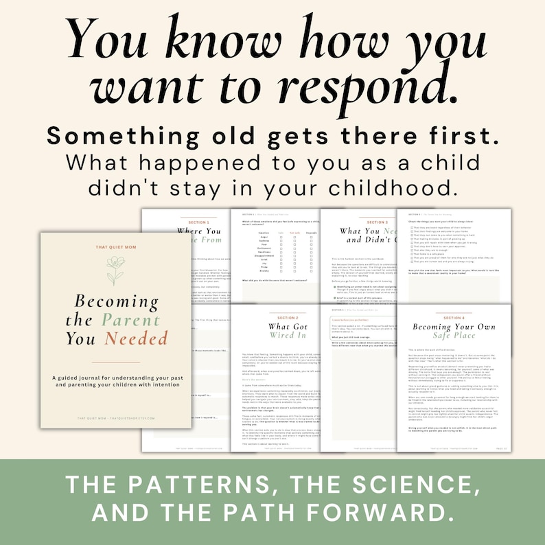 Peut inclure: Un journal beige intitul&eacute; "Becoming the Parent You Needed" avec des feuilles de travail. L'image comprend le texte "You know how you want to respond." et "The patterns, the science, and the path forward."