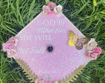 Personalized pink graduation Cap Topper, “ God is within her” class of 2025 graduation cap topper, custom graduation hat,
