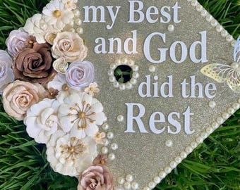 Graduation Cap Topper – 3D Floral, Butterfly, Pearl Decor – Champagne Glitter