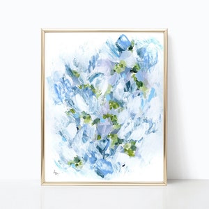 May include: Abstract painting in shades of blue, white, and green. The painting features a textured, brushstroke style and a loose, flowing composition.