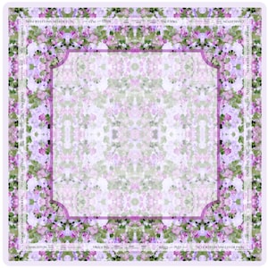 May include: Square scarf with a floral pattern in shades of pink, green, and white. The scarf has a lavender border and a central rectangular design. Text includes "CHARLESTON", "DRAGONS", "WALLS PLAY", and "NO JOKERS IN SINGLES OR PAIRS".