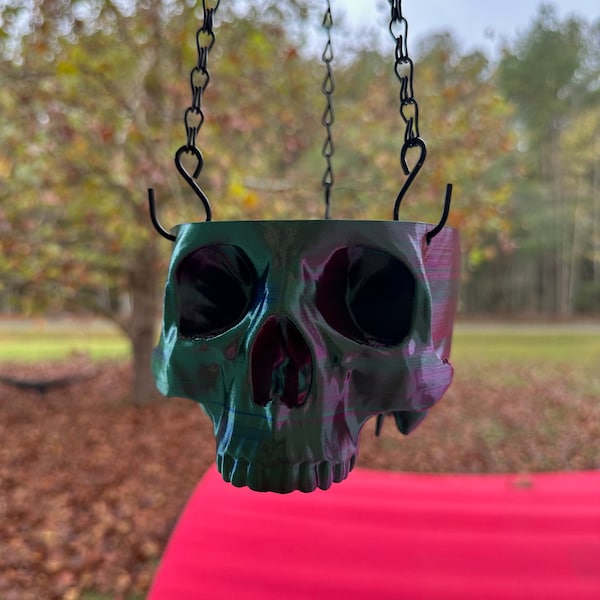 Hanging skull planter with chains