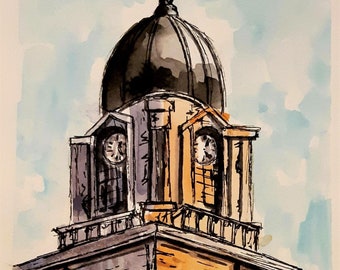 Tour du bureau de poste Art architectural original à l'aquarelle et à l'encre