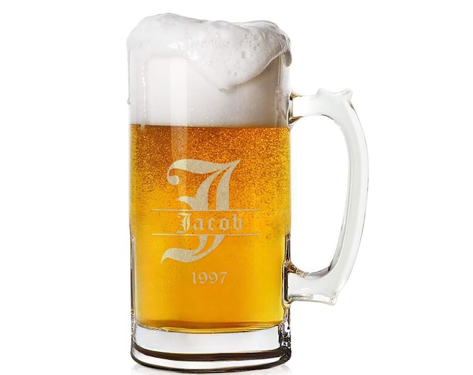 Personalized Beer Mug - Engraved Glass Mug - 16 oz Beer Glass Cup - Beer Glasses Custom - Laser Etched Beer Stein Mug - Beer Gifts for Men