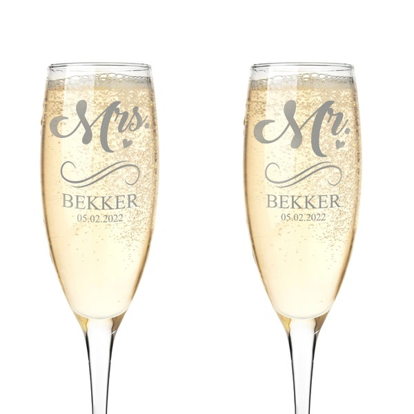 Personalized Champagne Flutes Set of 2 - Stemmed Champagne Glasses - 6.4 oz Mr and Mrs Toast Glasses - Engraved Wedding Gifts for Couple