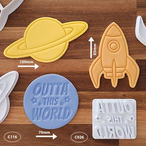 Outer Space cookie cutter and fondant stamp sets - planet, rocket, "outta this world"