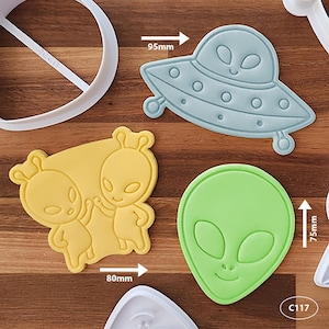 Aliens / Space Creatures cookie cutter and fondant stamp sets - alien pair, UFO, spaceship, face