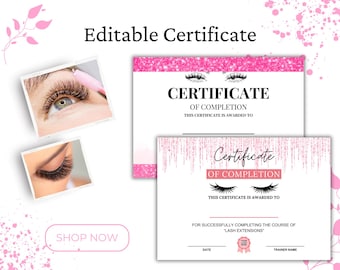 Certificat de cils modifiable | Certificat de formation de cils | Modèle de certificat d'extension de cils | Téléchargement instantané | Téléchargement numérique
