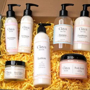 Self Care Gift Box - 20% off Natural Face Exfoliator, Face Cleanser, Face Cream, Body Scrub, Lotion, Shampoo, Conditioner