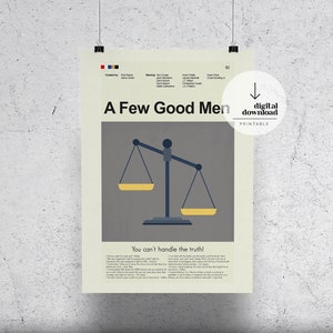 Puede incluir: Un diseño de póster minimalista con una balanza con dos platos amarillos, un fondo gris y el texto "A Few Good Men" y "You can't handle the truth!" en negro.