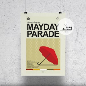Könnte beinhalten: Ein druckbarer digitaler Download-Poster mit dem Albumcover für Mayday Parades Album "A Lesson in Romantics". Das Poster ist ein minimalistisches Design mit einem roten Regenschirm auf gelbem Hintergrund mit Regenstreifen. Der Albumtitel ist in schwarzer Schrift und das Album-Veröffentlichungsjahr 2007 befindet sich unten.