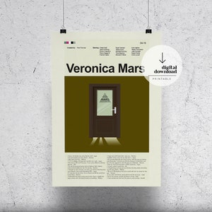 May include: A printable poster with a minimalist design featuring a brown door with a glass panel that says "Mars Investigations". The poster is beige with a dark green background and the title "Veronica Mars" in black text.