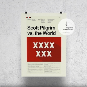 May include: A poster for "Scott Pilgrim vs. the World" with a cream background. The title is in bold black font above a red rectangle with white text. The poster includes the text "digital download printable".