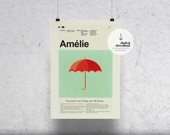 May include: A printable poster with a minimalist design featuring a red umbrella with white polka dots on a light green background. The title "Amélie" is in black text at the top of the poster. The text "One person can change your life forever." is at the bottom of the poster.