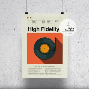 May include: A printable poster with a retro design featuring a record player with a vinyl record on it. The poster is orange, yellow, and black with the text "High Fidelity" and "What came first, the music or the misery?"