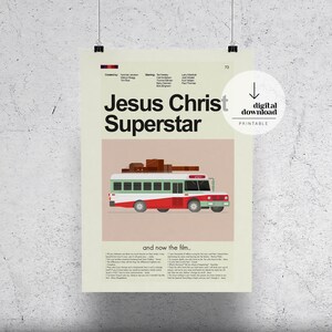 May include: A printable poster with a minimalist design featuring a red and green bus with luggage on the roof. The poster has the text "Jesus Christ Superstar" and "and now the film." in black text.