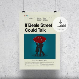 Pode incluir: Um pôster de filme minimalista para o filme "Se Beale Street Falasse". O pôster apresenta uma silhueta de um casal em pé sob um guarda-chuva vermelho em um fundo azul-esverdeado. O texto "Trust Love All the Way" está abaixo da imagem.