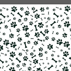 May include: A white background with a repeating pattern of black paw prints and bone shapes.