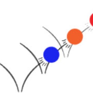 May include: Three glass balls in a row, with a blue ball in the middle, an orange ball to the right, and a red ball to the far right.