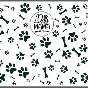 May include: White background with a black and white graphic of paw prints and bones. The text "Dog Mama" is in a circle with an arrow.