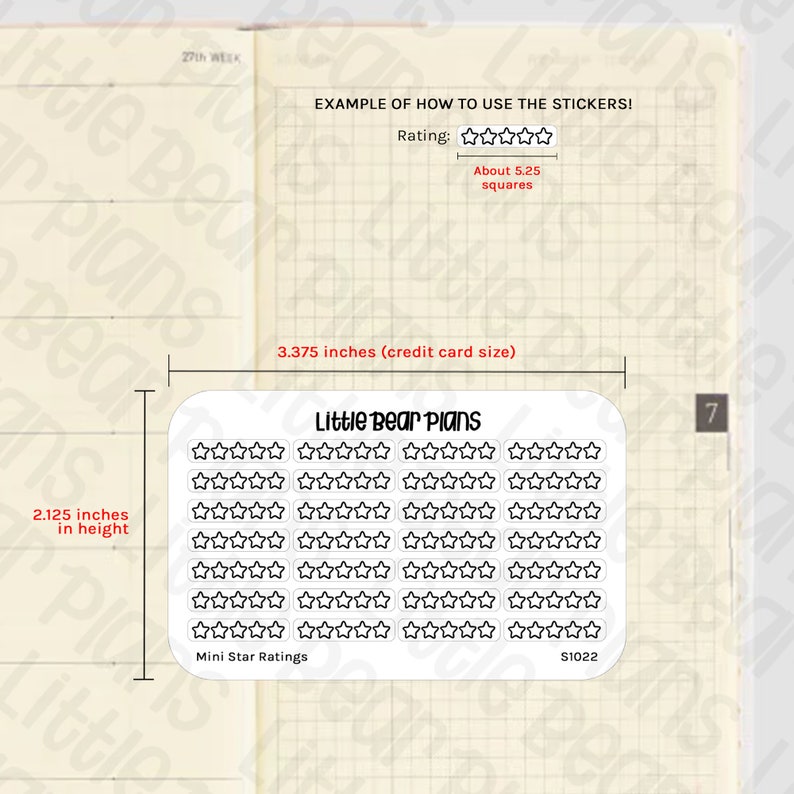 May include: A sheet of 5-star rating stickers for planners and journals. The sheet is 3.375 inches wide and 2.125 inches tall. The sheet is white with black stars and the text "Little Bear Plans" and "Mini Star Ratings".