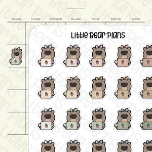Puede incluir: Un conjunto de 20 pegatinas para planificador con osos marrones con lazos, sosteniendo portátiles y fresas. Las pegatinas son de varios tonos de marrón, rosa y verde. El texto "Little Bear Plans" está en la parte superior de la imagen.