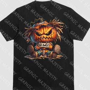 May include: A black t-shirt with a graphic print of a scary pumpkin scarecrow with the text "Go Away!" printed on a sign.