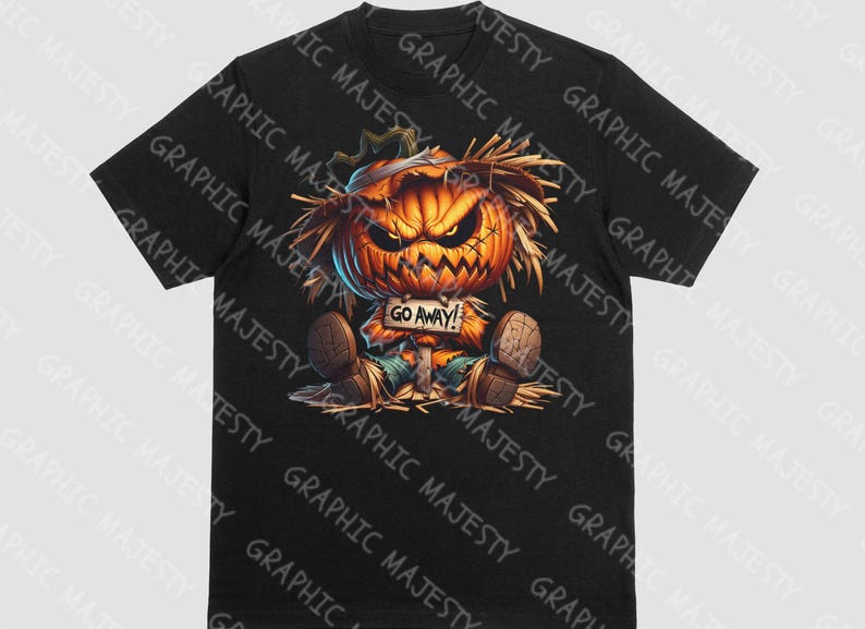 May include: A black t-shirt with a graphic print of a scary pumpkin scarecrow with the text "Go Away!" printed on a sign.