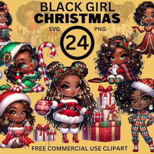黒人の女の子のクリスマス PNG、かわいい黒人女性のお祝い SVG、クリスマス ホリデー昇華クリップアート、アフリカ系アメリカ人、デジタル ダウンロード商用利用