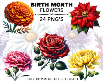 Clipart de flores del mes de nacimiento: Paquete PNG floral de acuarela (descarga digital)