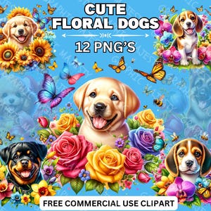 Watercolor Floral Dog PNG Bundle, Cute Flowers, Pet Puppy PNG Design Files, Funny Animal Design For Shirts, Commercial Use, Instant Download